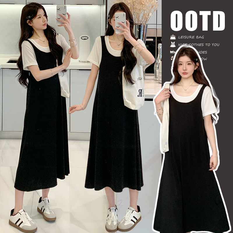 Pregnant Women's Summer Two-Piece Color-Blocked Short-Sleeve Dress for Petite Figures, Loose Fit, Plus Size, Casual, Slimming