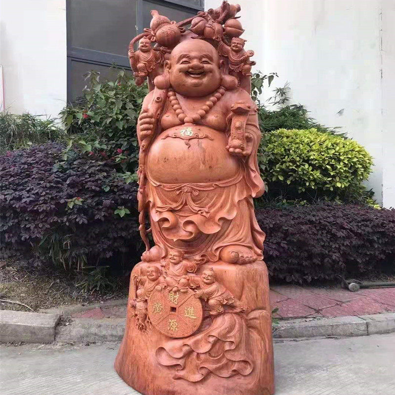 Cliff cypress root carving ornaments Jin Si Nan Guanyin Living room lucky wood carving Martial God of wealth Belly Maitreya Buddha statue Craft gift decoration