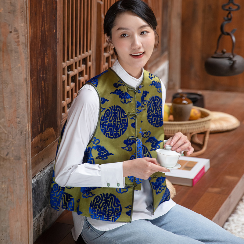 Silk velvet jacquard vest new Chinese fashion improved women's stand-up collar retro Tang suit women's vest vest