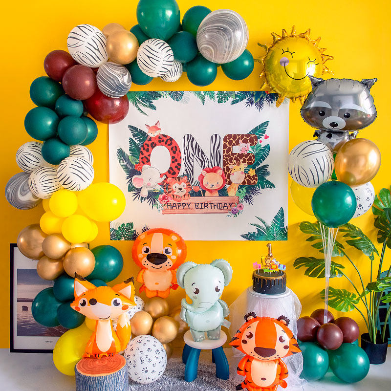 Small animal balloon decorating baby 1st birthday forest series party arrangement poster background wall