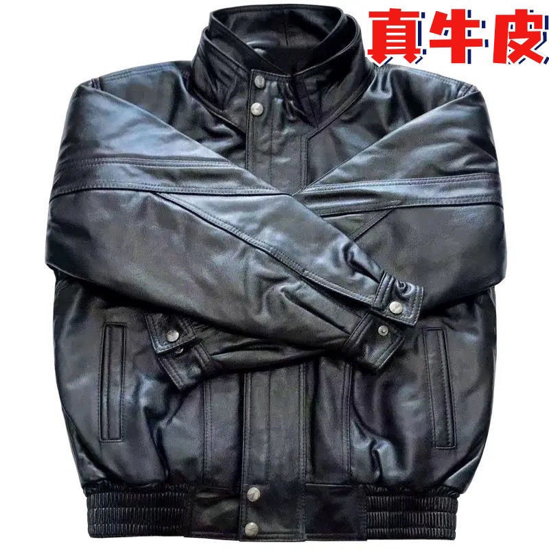 Winter Men's Leather Jacket Short Stand Collar Genuine Leather Fur Biker Men's Leather Jacket Cold-Resistant and Warm