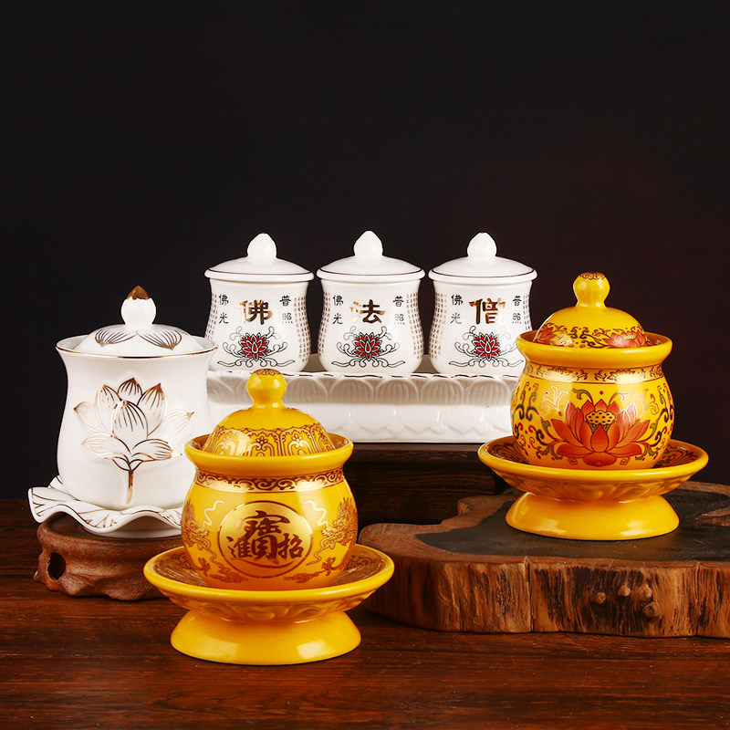 Large Buddhist supplies Holy Water Cup Great Compassion Water Relief White Porcelain Lotus Flower Depicting Gold Water Supply Cup Water Purification Cup for Buddha Offering Cup