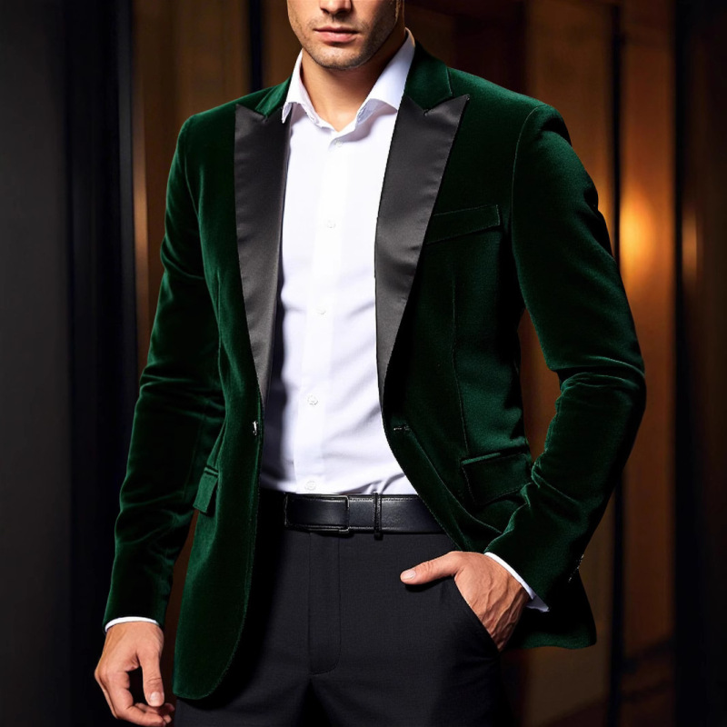 British Gentleman's Velvet Suit Jacket with Satin Peak Lapel, Men's Host Performance Suit with Contrasting Color Patchwork Velvet Suit