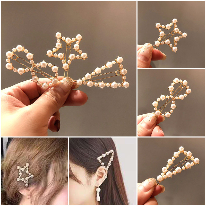 South Korea Nets Red Ins Pearls Pentagram Bow Tie Triangle Hairpin Temperament Sweet and Geometric Head Accessories Hair Accessories