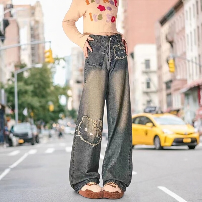 Kitty Cat Cartoon Embroidered Wide-Leg Jeans for Women 2026 New Loose Slimming Design Straight Pants