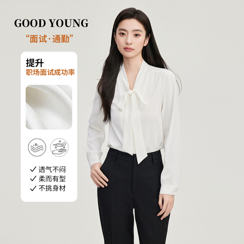 Goodyoung High-End Style Petite Temperament V-Neck Bow Tie Versatile Shirt for Women Commuting Long-Sleeve