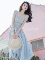 Rouje Damas light blue squared collar dress Summer French style gentle atmosphere High level Balloon Flower long dress