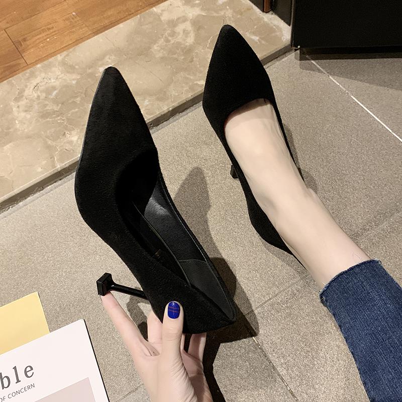 High heels women 2021 new summer pointed net red French girl fine heel suede black cat heel Joker shoes