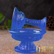 Tibetan glass guardian cup small blue water supply cup household Tibetan-style Buddha offering in front of Buddha water and wine cup 11cm