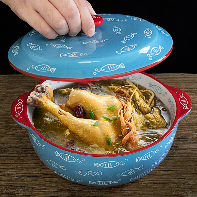 MAR March｜Glazed hand painted bowl ceramic tableware with covered bowl household simple double ear bowl Japanese soup bowl