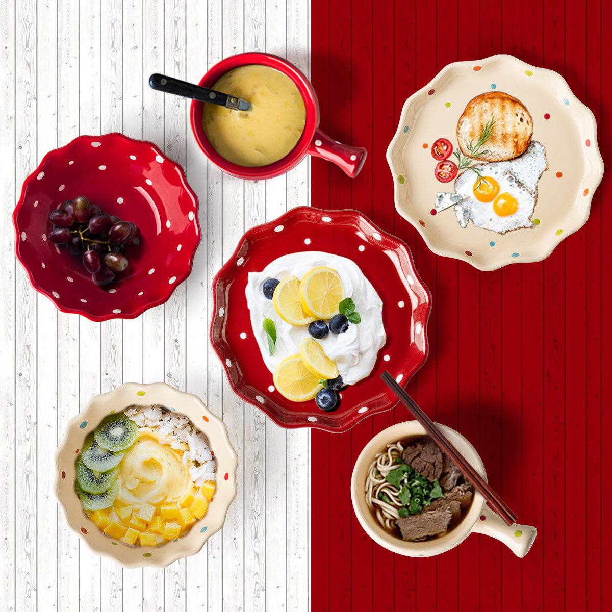 Polka dot bowl Nordic plate Japanese plate Simple couple ceramic tableware set Household cute and good-looking bowl and plate