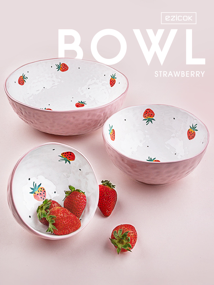 ezicok cute strawberry tableware Ceramic bowl plate Creative rice bowl Household simple plate plate Japanese breakfast plate