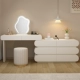 Белый стол 80 см + шкаф с 6 ящиками 120 см + зеркало-облако + круглый табурет белого цвета с тремя стопками