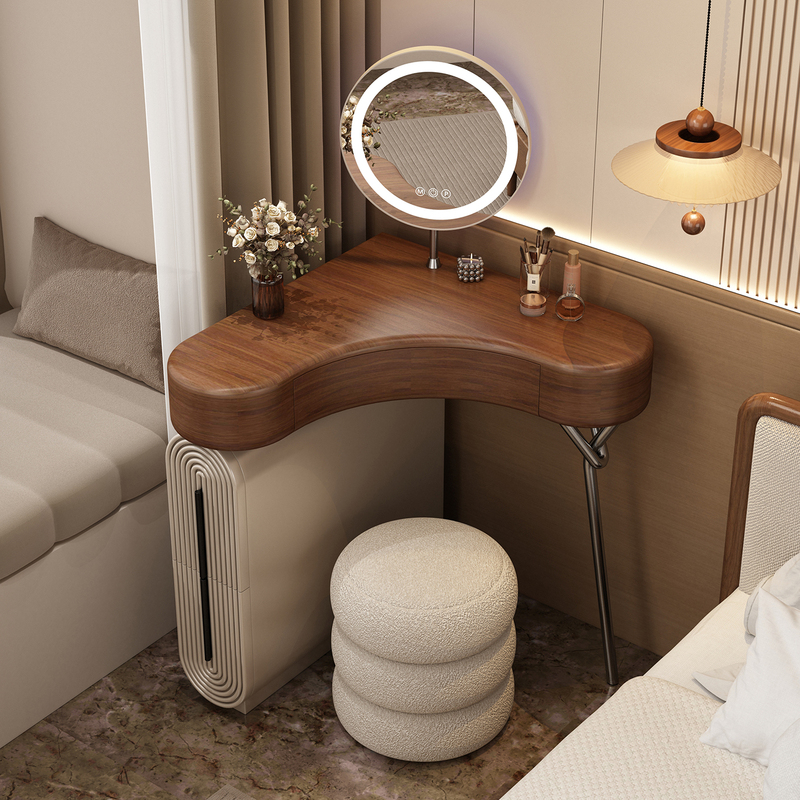 Medieval-Style Solid Wood Corner Dressing Table with Storage Cabinet and Drawer, Integrated Bedroom Small Apartment Corner Triangular Dressing Table Medieval-Style Solid Wood Corner Dressing Table with Storage Cabinet and Drawer, Integrated Bedroom Small Apartment Corner Triangular Dressing Table
