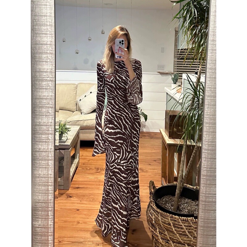 Sc Stunning Five-Color R Full Silk Bias-Cut Zebra Wild Animal Stripe Elegant Floor-Length Long-Sleeve Dress