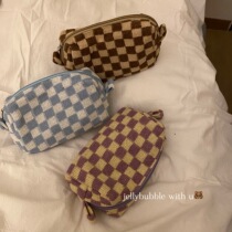 ins checkerboard Contrast color plaid knitted wool large capacity cosmetic bag storage bag wash bag out carrying bag