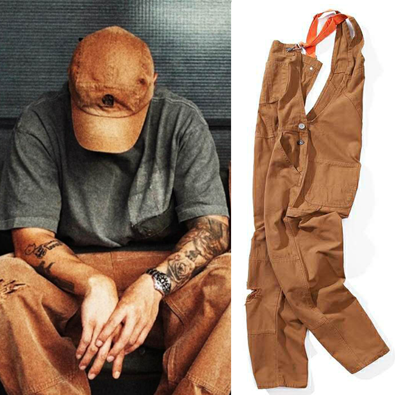 Yu Wenle Men's Trendy Loose Straight-Leg Overalls Versatile Spring and Summer Thin Casual Denim Suspenders Pants for Men