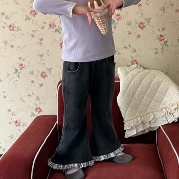 Coco girls' jeans with velvet 2025 winter new style children's korean style lace slightly flared