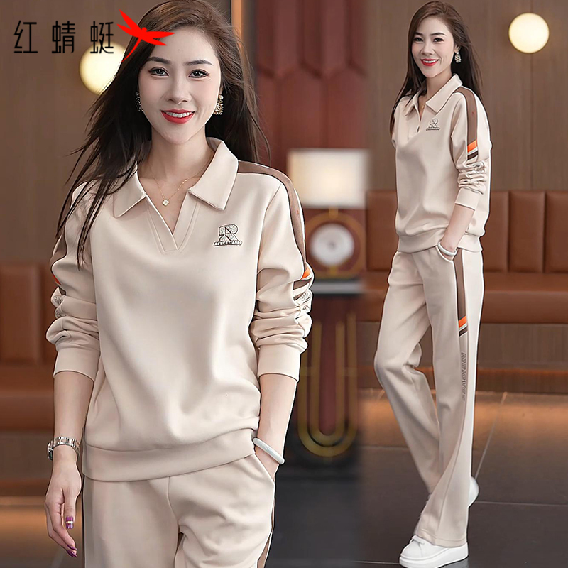 Red Dragonfly 2026 Spring New Lapel Sweatshirt Set for Women, Slimming and Concealing, Thin Casual Sportswear Two-Piece Set