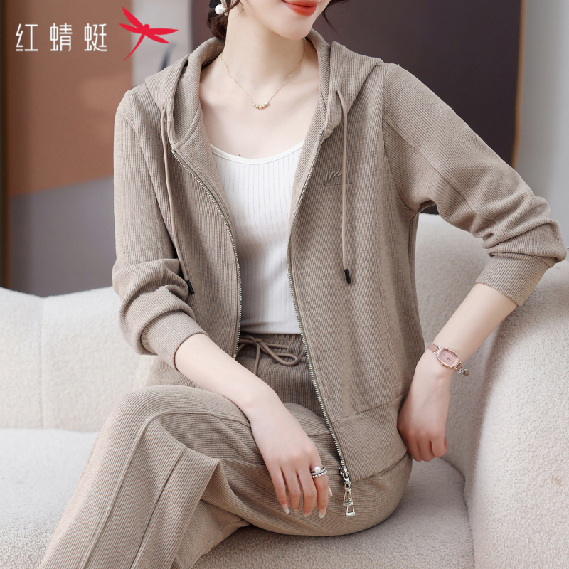 Red Dragonfly Cardigan Sweatshirt Sports Suit for Women Spring and Autumn 2026 New Fashion Loose Hooded Jacket Two-Piece Set