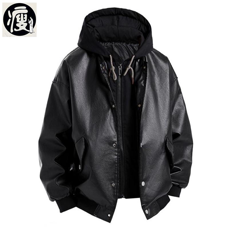 Men's Slim-Fit Hooded Leather Jacket, Cotton-Padded, Fleece-Lined, Warm, Black Leather Jacket, Faux Two-Piece Casual Coat, Trendy