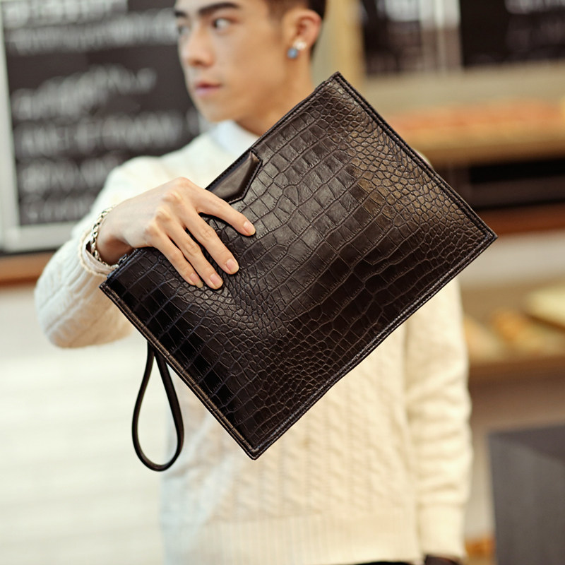 Trendy new hand grab bag men Crocodile print hand bag Single shoulder inclined satchel handbag Handbag Letter Enveloping File Bag Tide