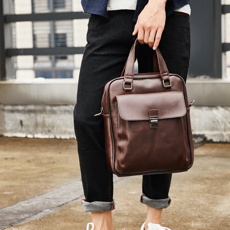 Retro Mad Horse PU Leather Han Edition Men's Bag Handbag Light Business Briefcase Computer Bag Single Shoulder Sloped Satchel Wave Bag