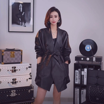 Real leather clothes woman 2023 autumn new medium long style suit big flap loose outline version head layer sheep leather windsuit jacket