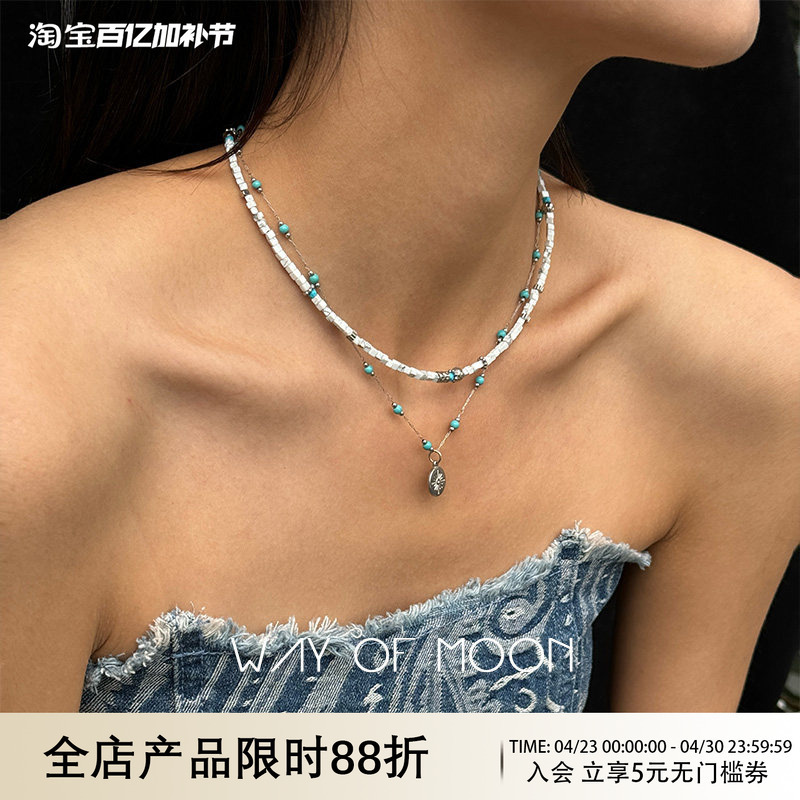 Way of Moon Original Designer Natural Square Map Stone Turquoise Layered Necklace Niche Clavicle Chain