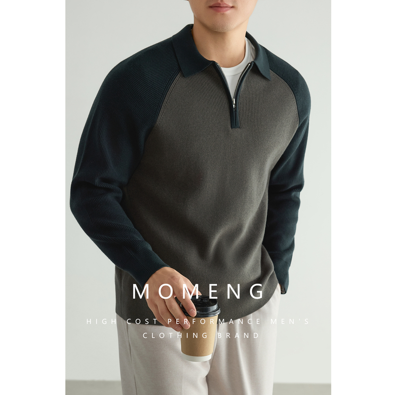 【630G Raglan Sleeves】Momeng Half-Zip Color-Block Sweater Casual Men's Knitwear Polo Collar