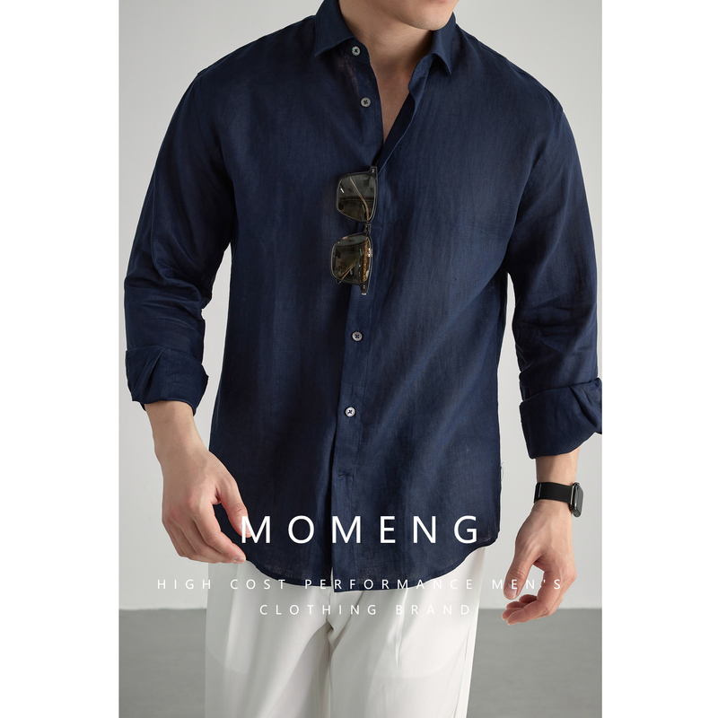 【Italian 100% Linen】Momeng Long Sleeve Shirt Casual Business Solid Color Shirt for Men Commuting Breathable Spring/Summer