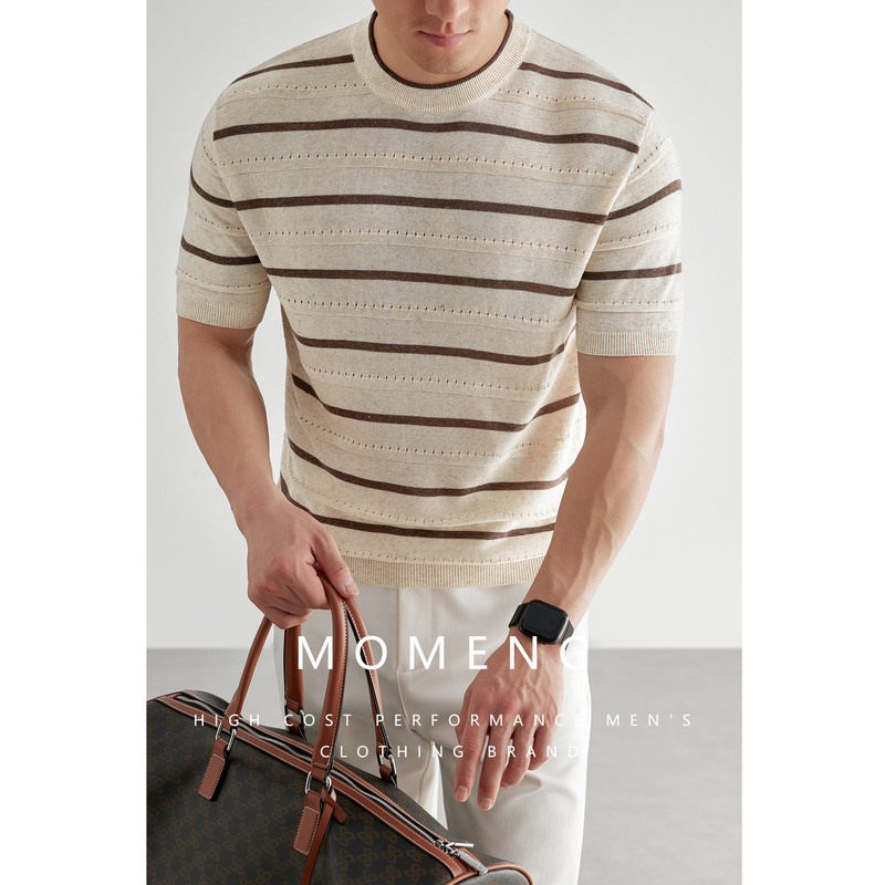 [Black Label Flagship] Italian Classic Striped Old Money Linen Short-Sleeve Knitwear Men's Crew Neck T-Shirt Summer