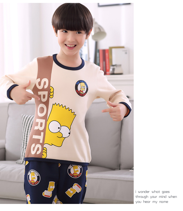 Mùa xuân và mùa thu Mùa hè Chàng trai Big Boy Pyjama Jingle Cat Cartoon Cotton Trường tiểu học Đàn ông dài tay Cotton Bộ dịch vụ nhà pijama nữ
