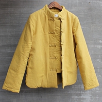 Chinese style retro buckle jacket short loose thick linen down jacket womens large size pair stand collar outside wear