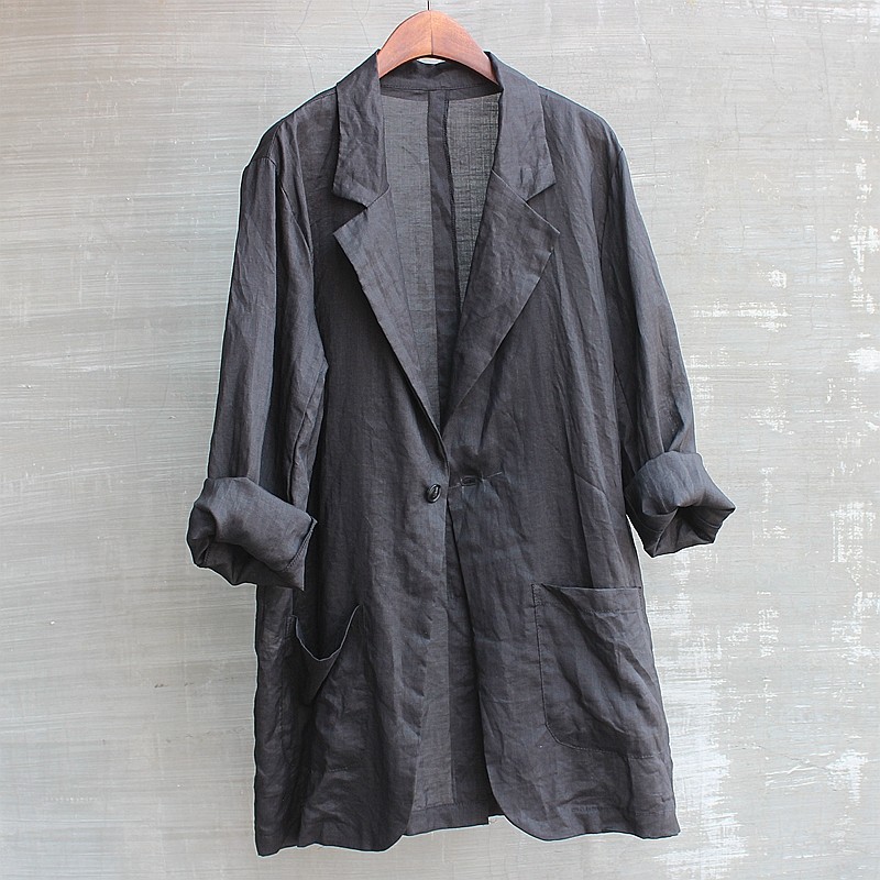 Men's summer long sleeve sunscreen suit suit suit improved Ramie skin coat fashion handsome black