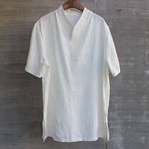 Chinese style mens pure linen short sleeve t-shirt shirt mens summer New loose casual cotton linen vintage mens shirt
