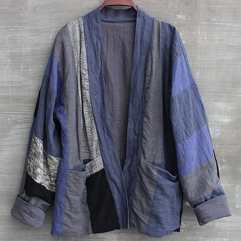 Unisex spring and autumn linen stitching small coat blouse Chinese style top Hanfu retro niche size