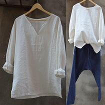 Simple round neck linen long sleeve mens shirt summer casual loose thin youth cotton linen shirt mens large size White