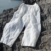Original spring and summer retro literary cotton linen wide leg pants elastic waist ultra loose casual linen ankle-length pants size White