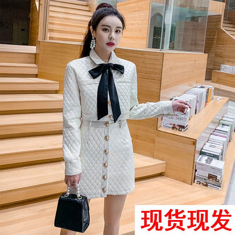 Small fragrant wind butterfly knot thickened cotton clothes short coat half body dress Women autumn winter French style little western suit short skirt suit foreign pie