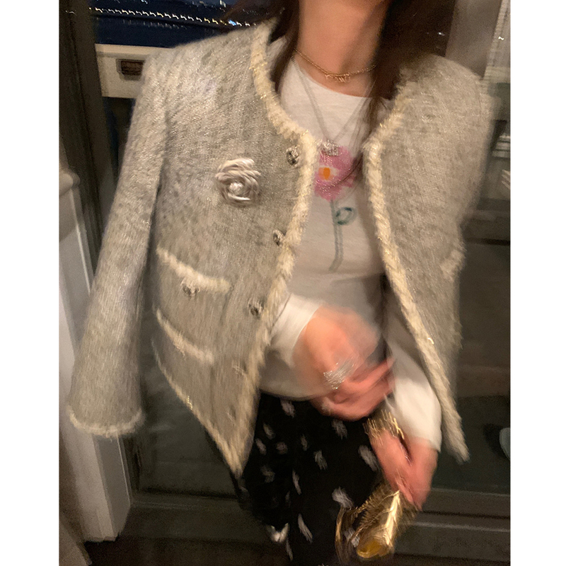 Ffmiss ◆ Single-Breasted Gray Woolen Woven Short Coat, Stylish Tweed Casual Cardigan for Petite People Ffmiss ◆ Single-Breasted Gray Woolen Woven Short Coat, Stylish Tweed Casual Cardigan for Petite People