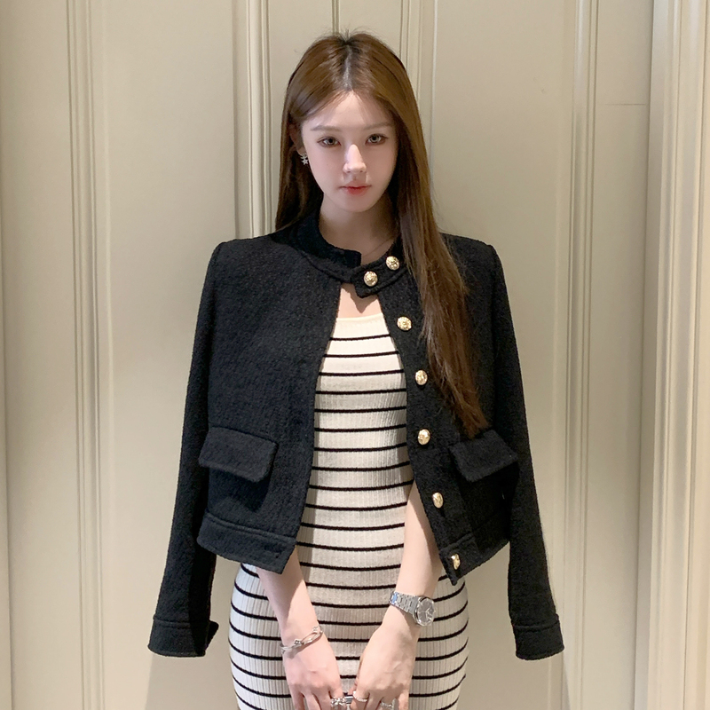 Ffmiss ◆ Chic Tweed Loose-Fitting Blazer with a Stand Collar, Stylish and Casual, Slimming Wool Cardigan.