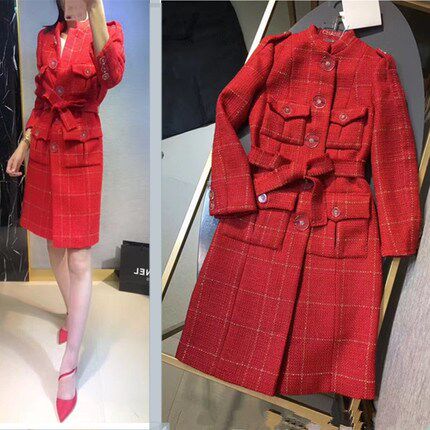 Xiaoxiangfeng big red striped slim tweed over-the-knee coat women's autumn and winter waist-length woolen coat