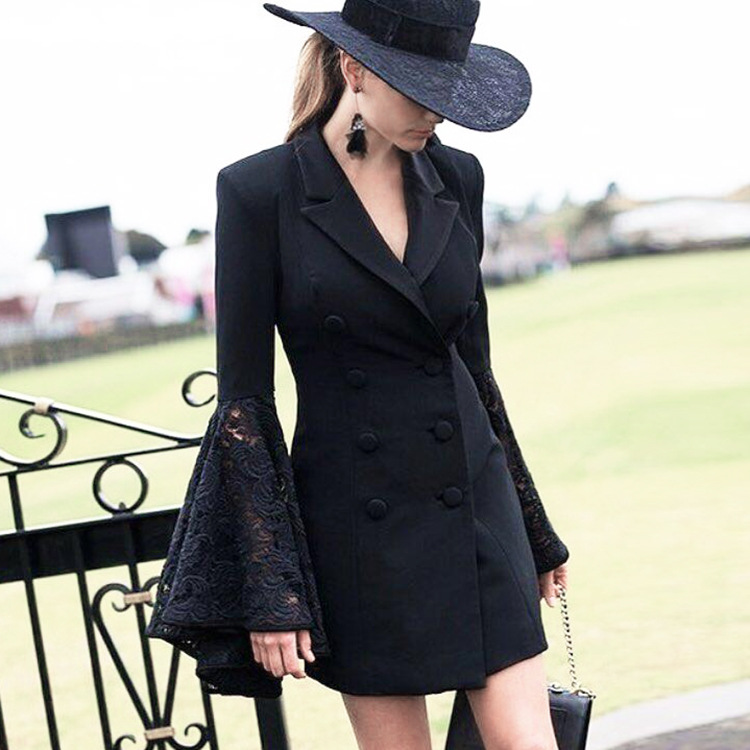 Small fragrant wind lace collection waist ol trumpeter sleeve suit jacket foreign dress Women's autumn French style conspicuic slim minor Subsuit dress