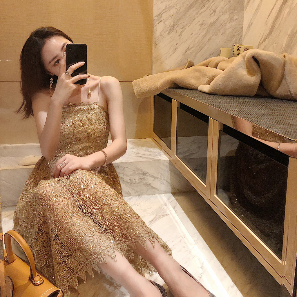 Socialite party Birthday party Banquet evening dress Female lace sequin suspender dress Sexy medium-long skirt