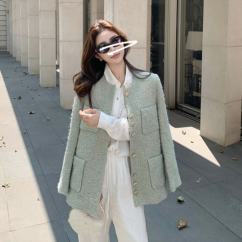 Ffmiss ◆ Tweed Style Multi-Button Silver Thread Woolen Loose-Fitting Blazer for Women, Casual Sequin Stylish Cardigan