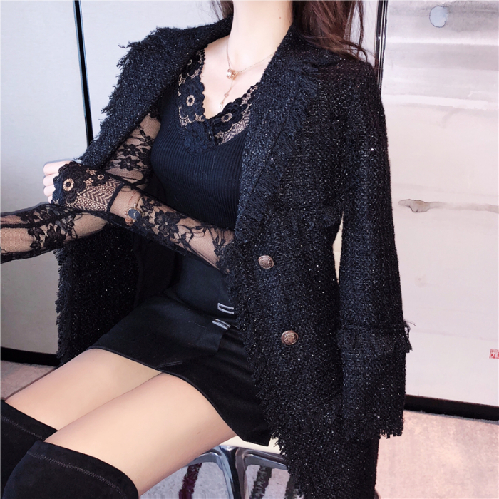 Korean version of autumn and winter Xiaoxiang style medium and long version of tassel bright silk woolen coat women's tweed thin suit cardigan coat