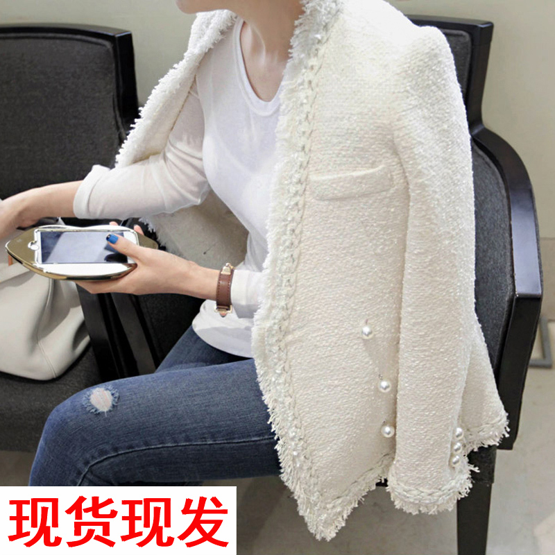 Xiaoxiangfeng white woven fringed woolen coat women's autumn French tweed temperament waist double-breasted small suit