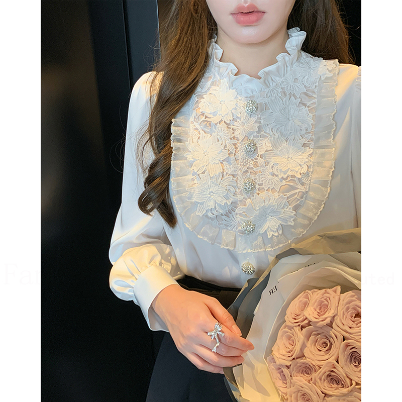 Ffmiss ◆ High-End Lace Embroidered Stand-Up Collar White Shirt for Women, Autumn Puff Sleeve Hollow Shirt Top