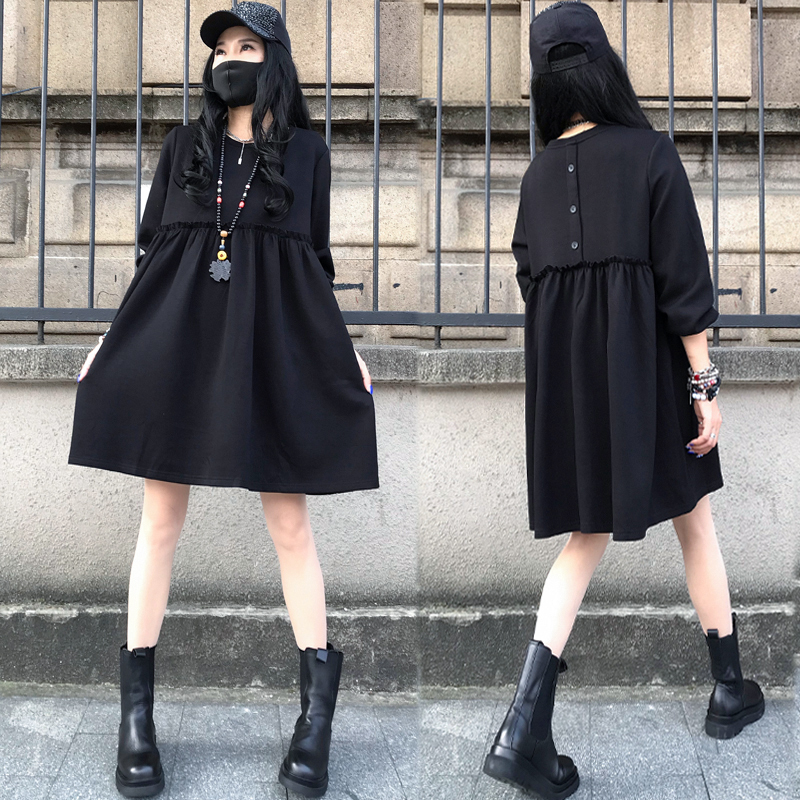European Station 2026 Spring/Summer New Large Size Loose Mid-Length Fashionable Black Petite Patchwork Pleated Dress